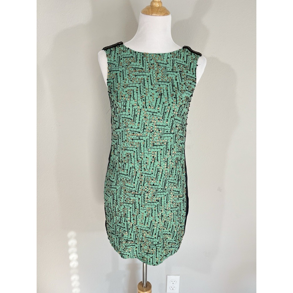 ABS Y2K Cocktail Dress Size 4 Allen Schwartz Beaded Green Black Art Deco Retro